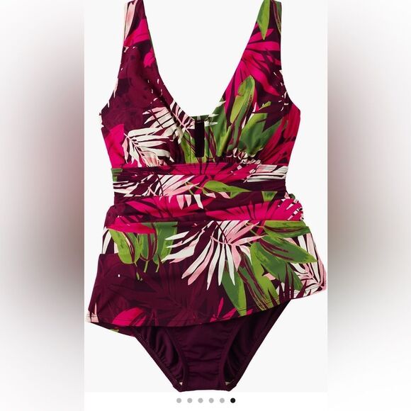 Land's End Plus Size Slender Swimsuit Dress Dark Wine Multi Tropical Palm 18 - Picture 2 of 7